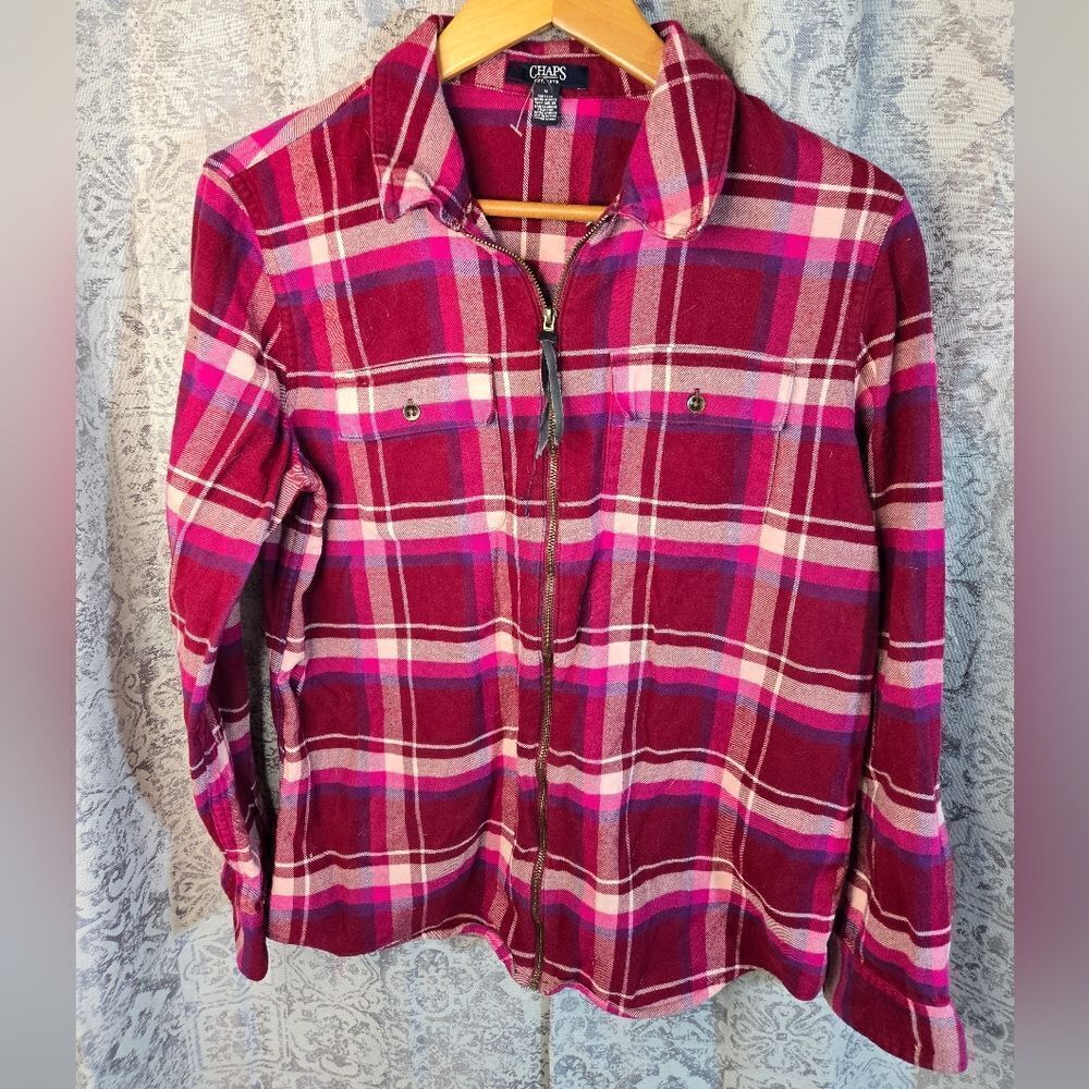 Chaps zip up flannel plaid collared shirt pink white valentine's women's sizemed